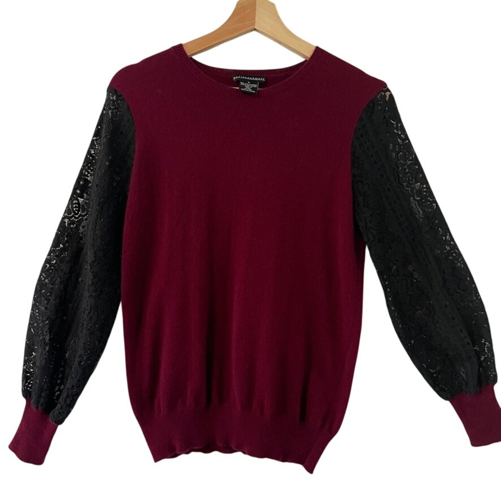 Pure Cashmere Womens Small Burgundy Sweater Black Lace Balloon Sleeve